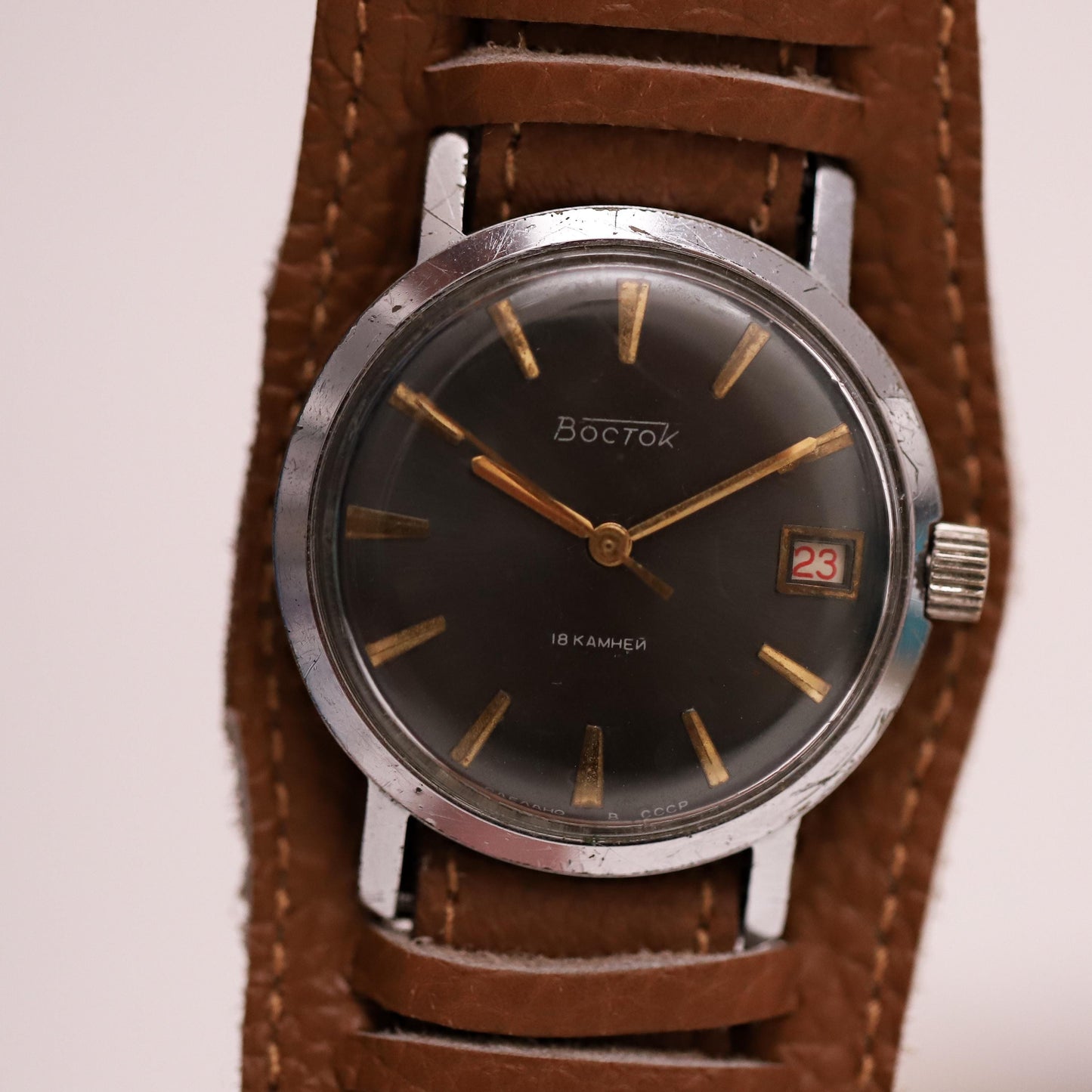 Rare vintage watch VOSTOK  1970s | Mechanical men's wristwatch with a leather strap.