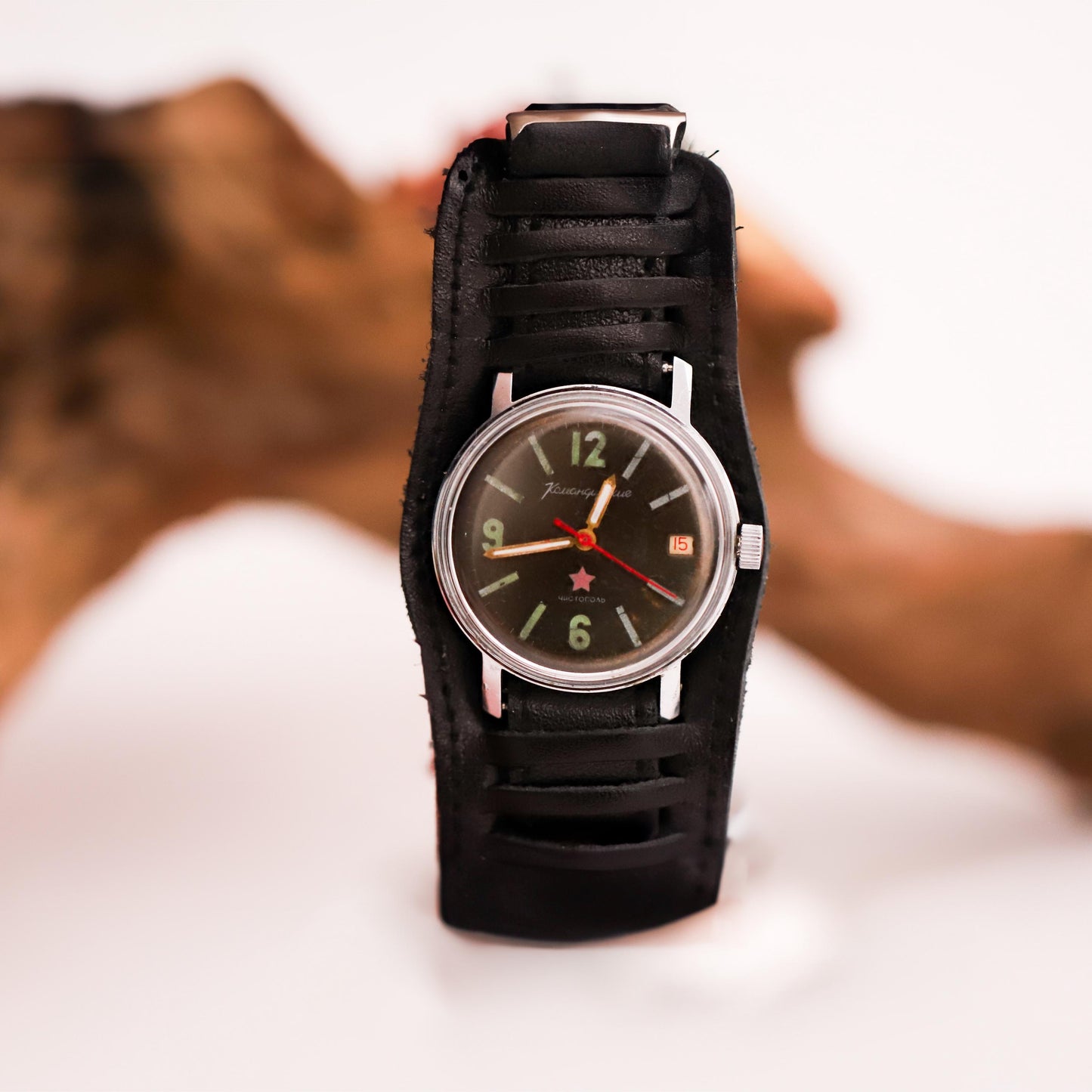 Rare vintage men watch VOSTOK 1970s | Mechanical men's wristwatch with a leather strap.
